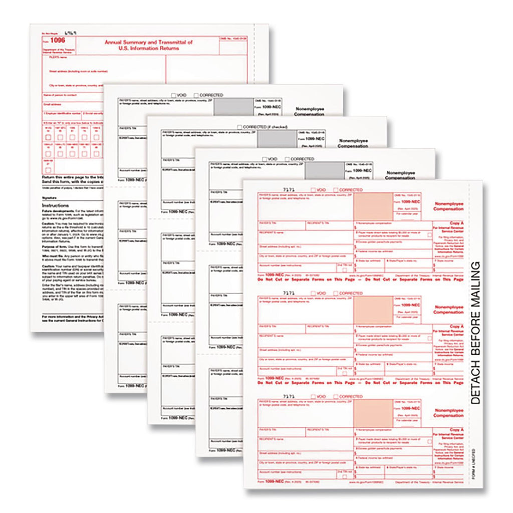 1099-NEC Tax Forms, Fiscal Year: 2023, Five-Part Carbonless, 8.5 x 3.5, 3 Forms/Sheet, 50 Forms Total