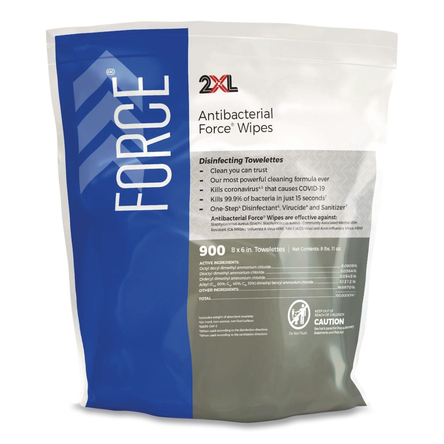 FORCE Disinfecting Wipes Refill, 1-Ply, 6 x 8, Unscented, White, 900/Pack, 4 Packs/Carton