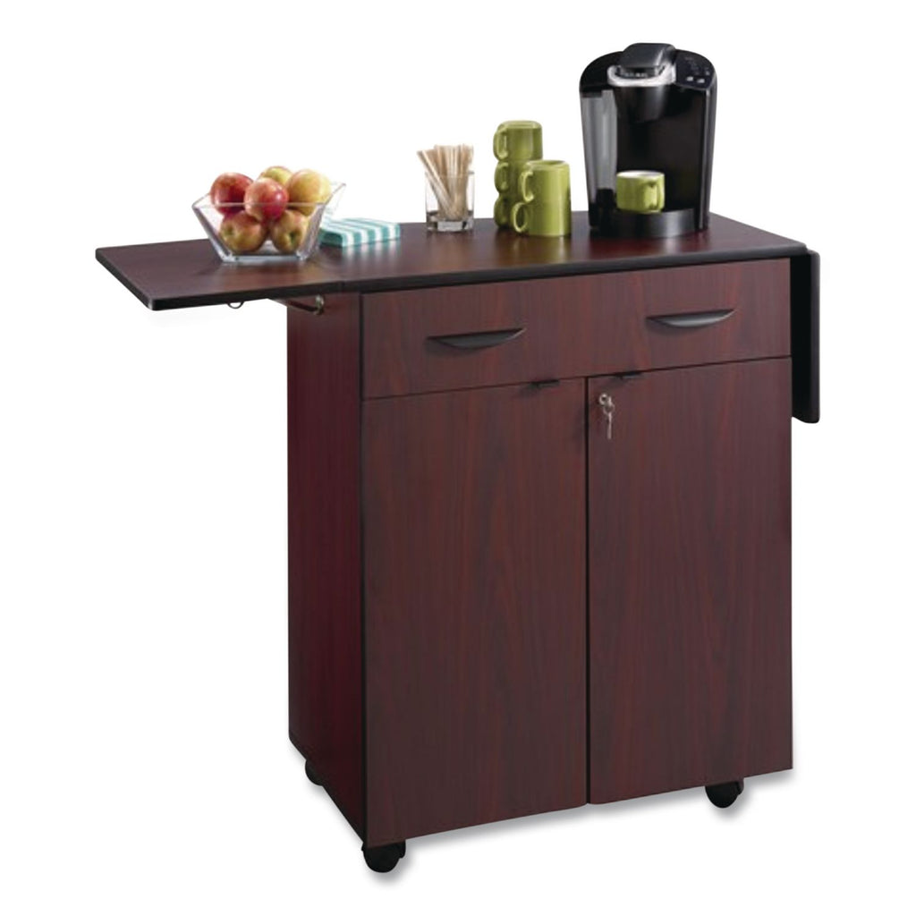 Hospitality Cart with Drop Leaves, Engineered Wood, 3 Shelves, 1 Drawer, 32.5" to 56.25" x 20.5" x 38.75", Mahogany