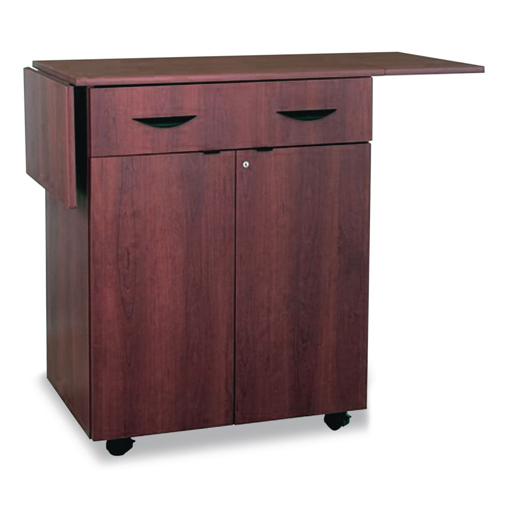 Hospitality Cart with Drop Leaves, Engineered Wood, 3 Shelves, 1 Drawer, 32.5" to 56.25" x 20.5" x 38.75", Mahogany