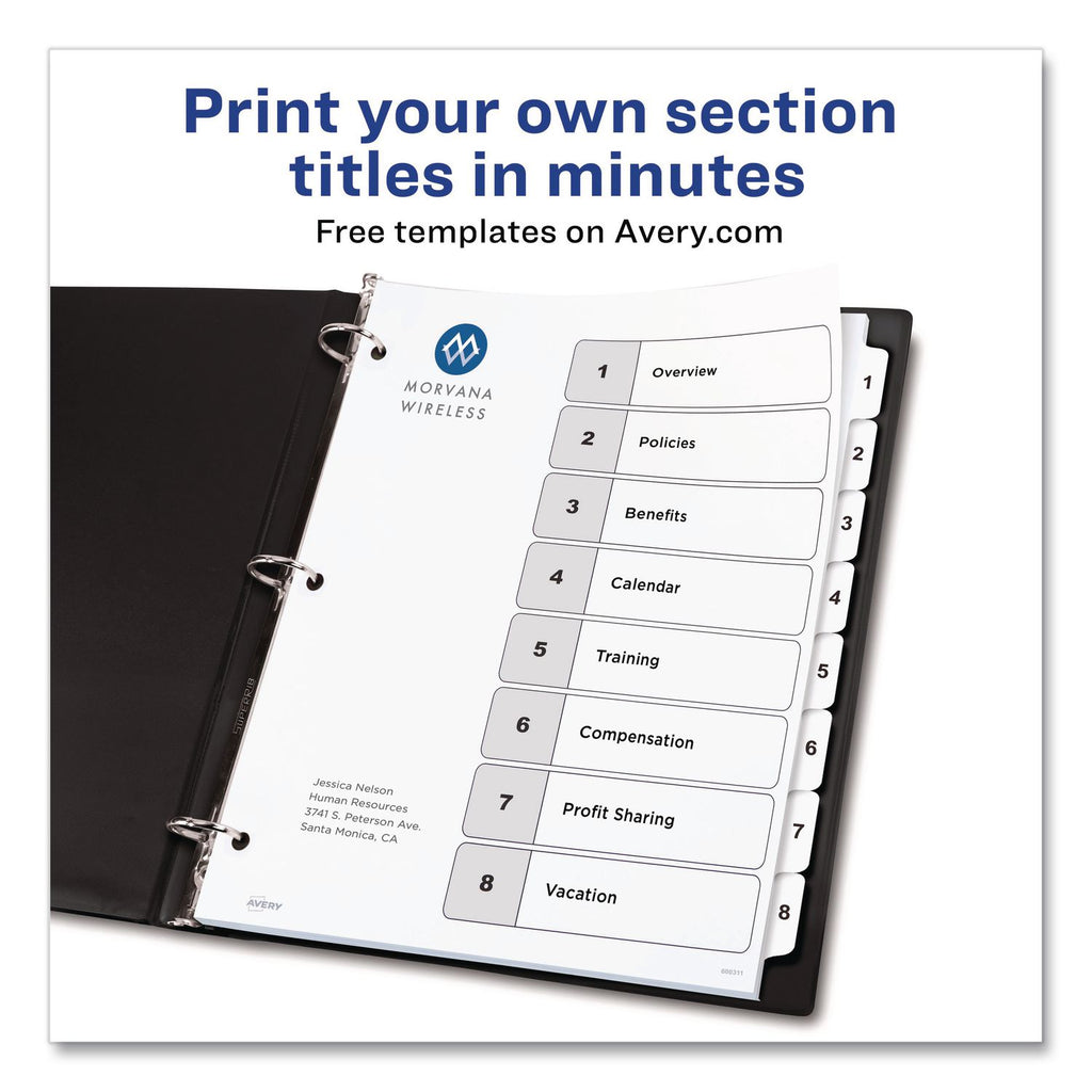 Customizable TOC Ready Index Black and White Dividers, 8-Tab, 1 to 8, 11 x 8.5, 1 Set