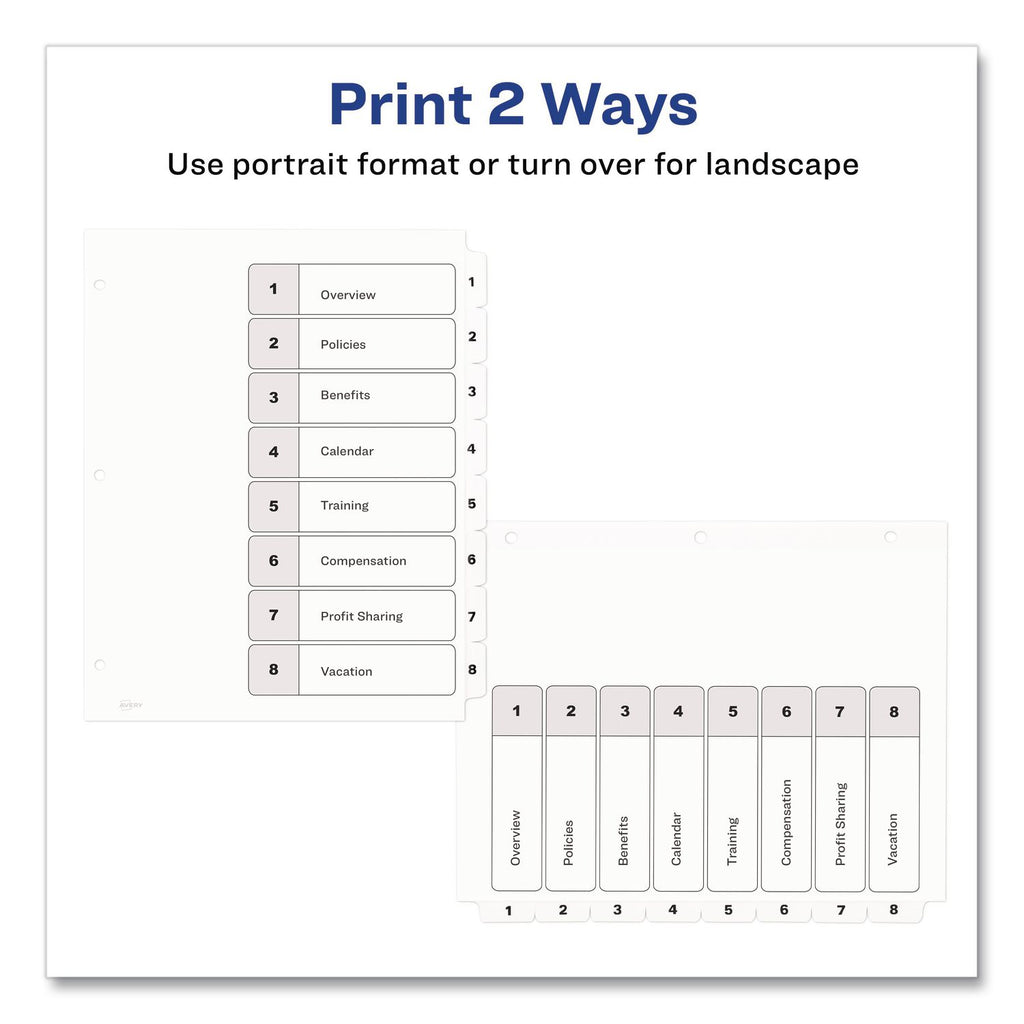Customizable TOC Ready Index Black and White Dividers, 8-Tab, 1 to 8, 11 x 8.5, 1 Set