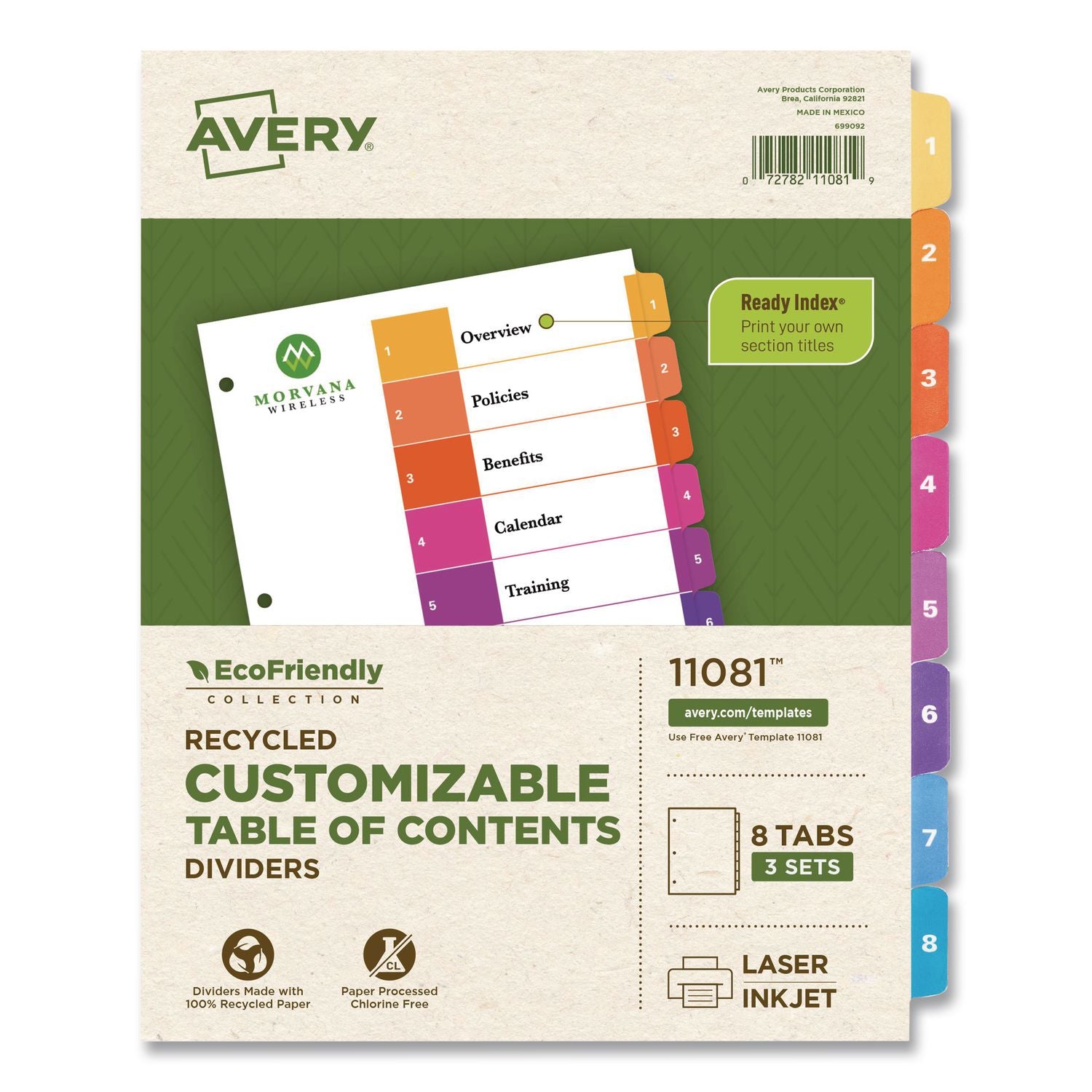 Customizable Table of Contents Ready Index Dividers with Multicolor Tabs, 8-Tab, 1 to 8, 11 x 8.5, White, 3 Sets