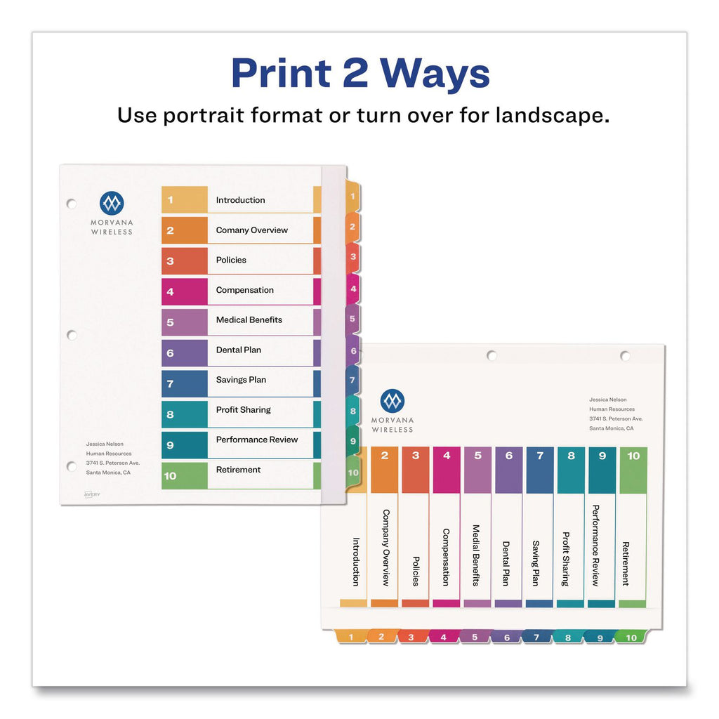 Customizable TOC Ready Index Multicolor Tab Dividers, Extra Wide Tabs, 10-Tab, 1 to 10, 11 x 9.25, White, 1 Set