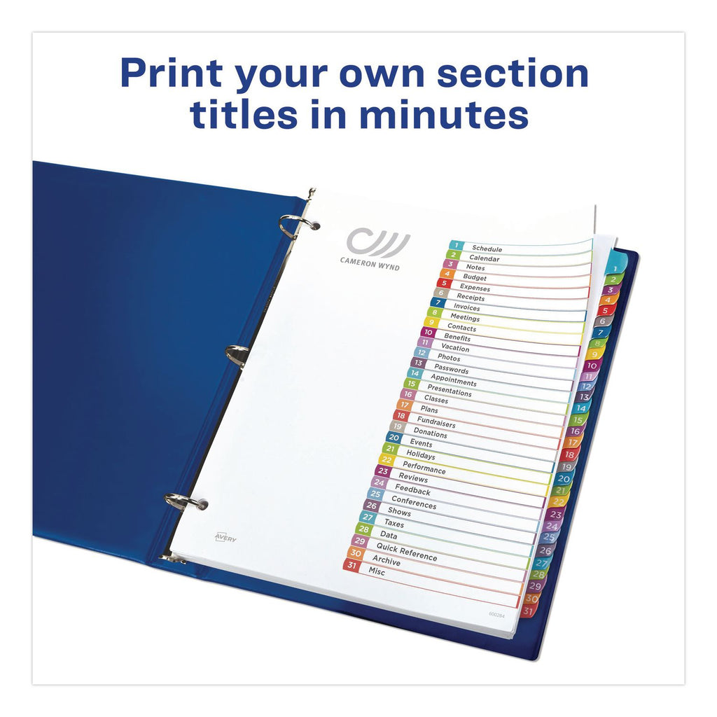Customizable TOC Ready Index Multicolor Tab Dividers, 31-Tab, 1 to 31, 11 x 8.5, White, Contemporary Color Tabs, 1 Set