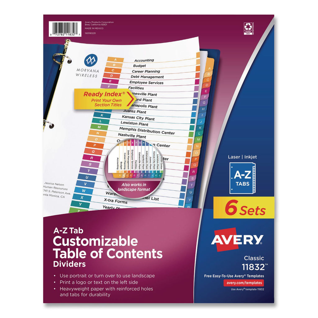 Avery A-Z Customizable Multicolor TOC Dividers - 156 x Divider(s) - A-Z, Table of Contents - 26 Tab(s)/Set - 8.5" Divider Width x 11" Divider Length - 3 Hole Punched - White Paper Divider - Multicolor Paper Tab(s) - 6 / Pack