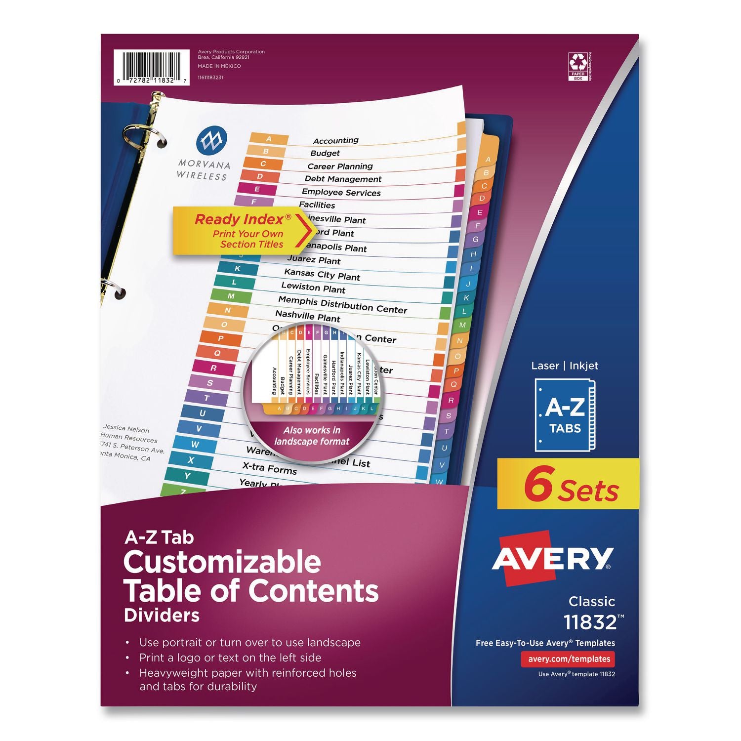 Avery A-Z Customizable Multicolor TOC Dividers - 156 x Divider(s) - A-Z, Table of Contents - 26 Tab(s)/Set - 8.5" Divider Width x 11" Divider Length - 3 Hole Punched - White Paper Divider - Multicolor Paper Tab(s) - 6 / Pack