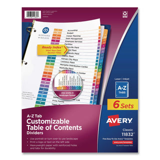 Avery A-Z Customizable Multicolor TOC Dividers - 156 x Divider(s) - A-Z, Table of Contents - 26 Tab(s)/Set - 8.5" Divider Width x 11" Divider Length - 3 Hole Punched - White Paper Divider - Multicolor Paper Tab(s) - 6 / Pack