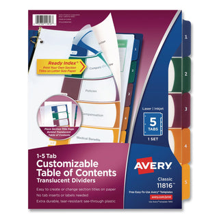 Customizable Table of Contents Ready Index Dividers with Multicolor Tabs, 5-Tab, 1 to 5, 11 x 8.5, Translucent, 1 Set
