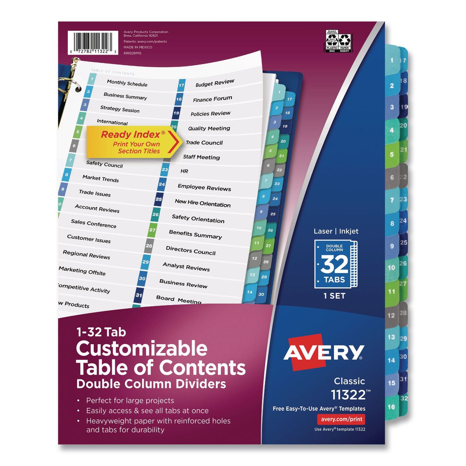 Customizable TOC Ready Index Double Column Multicolor Tab Dividers, 32-Tab, 1 to 32, 11 x 8.5, White, 1 Set
