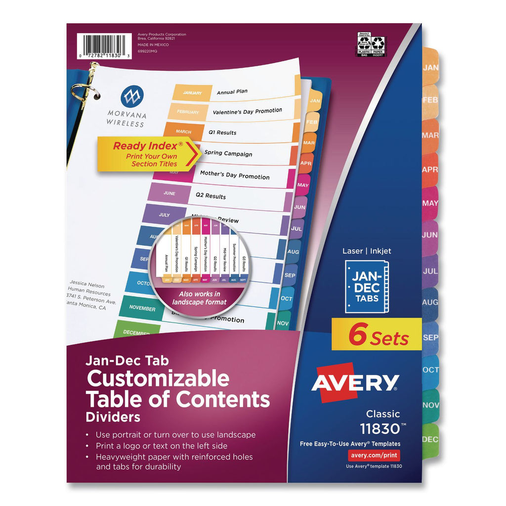 Customizable Table of Contents Ready Index Multicolor Dividers, 12-Tab, Jan. to Dec., 11 x 8.5, White, 6 Sets
