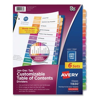 Customizable Table of Contents Ready Index Multicolor Dividers, 12-Tab, Jan. to Dec., 11 x 8.5, White, 6 Sets