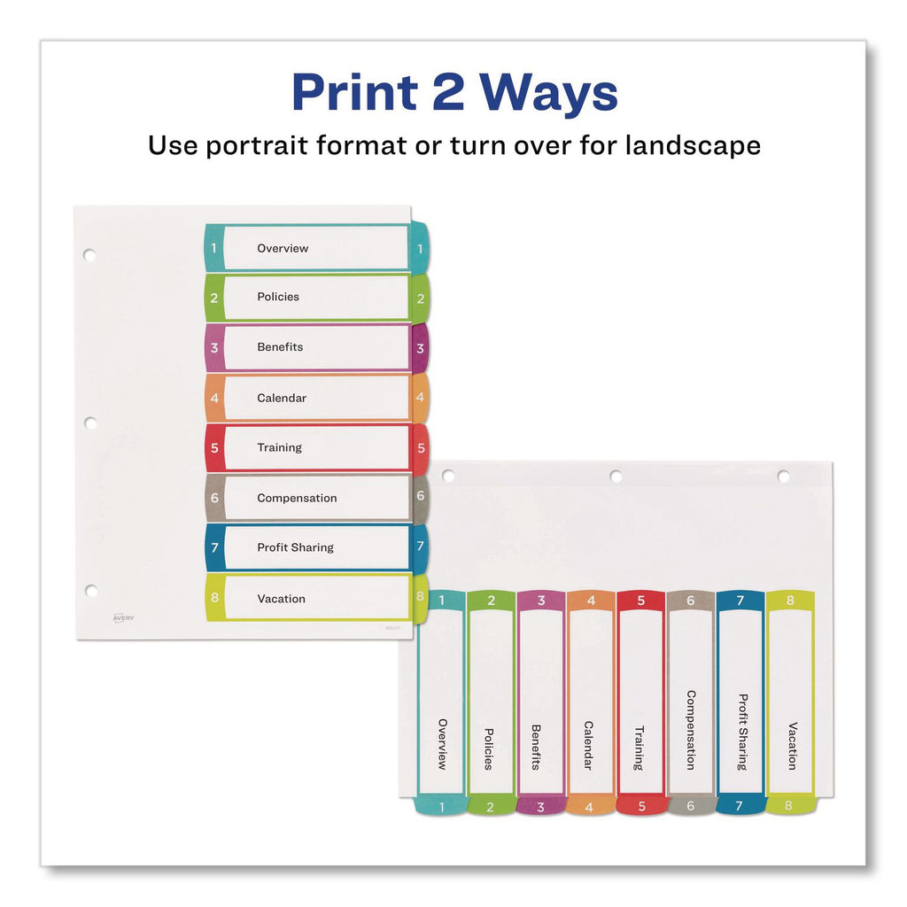 Customizable TOC Ready Index Multicolor Tab Dividers, 8-Tab, 1 to 8, 11 x 8.5, White, Contemporary Color Tabs, 1 Set