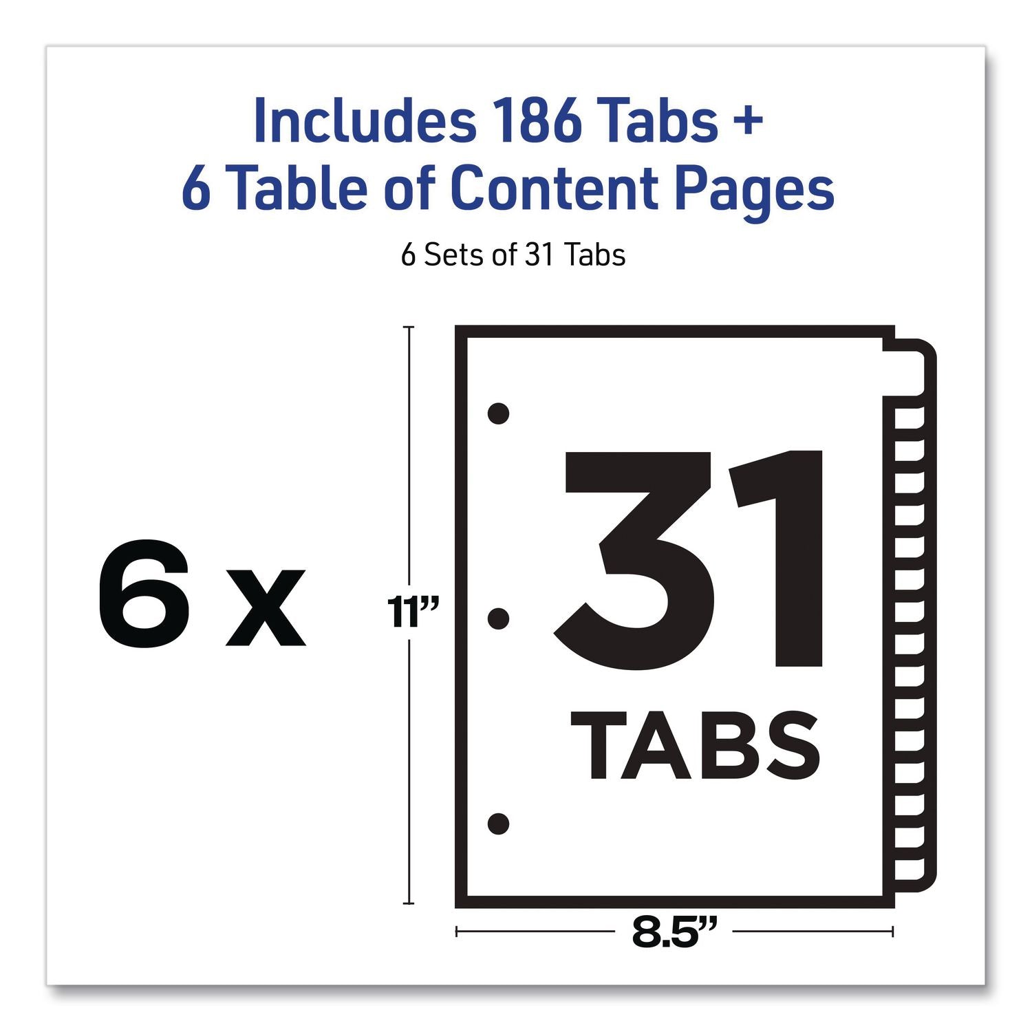 Customizable Table of Contents Ready Index Multicolor Dividers, 31-Tab, 1 to 31, 11 x 8.5, White, 6 Sets