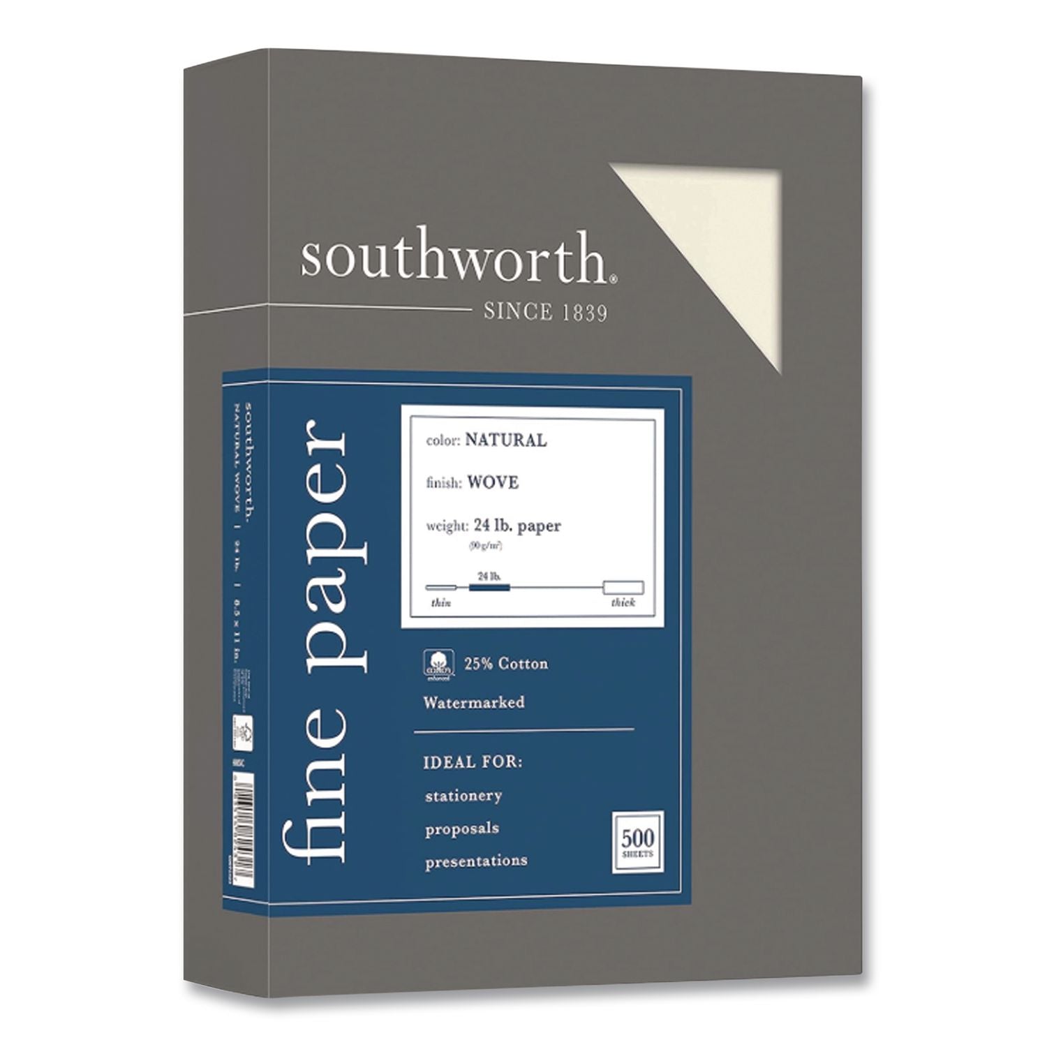 25% Cotton Business Paper, 24 lb Bond Weight, 8.5 x 11, Natural, 500 Sheets/Ream