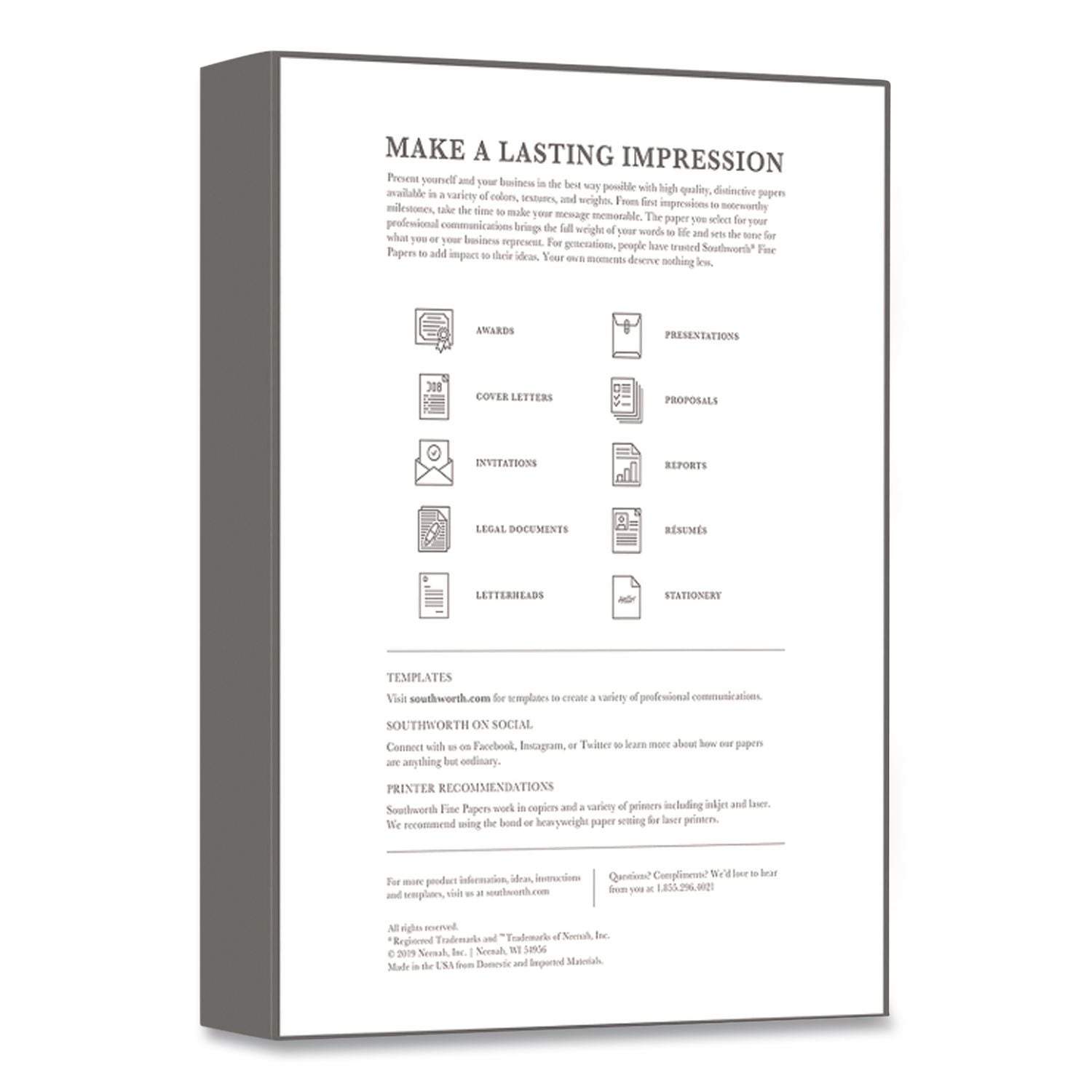 100% Cotton Business Paper, 95 Bright, 32 lb Bond Weight, 8.5 x 11, White, 250/Pack