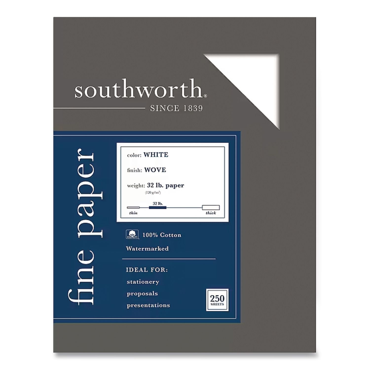 100% Cotton Business Paper, 95 Bright, 32 lb Bond Weight, 8.5 x 11, White, 250/Pack