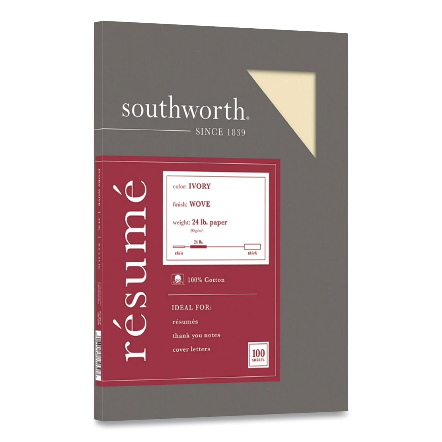 100% Cotton Resume Paper, 24 lb Bond Weight, 8.5 x 11, Ivory, 100/Pack