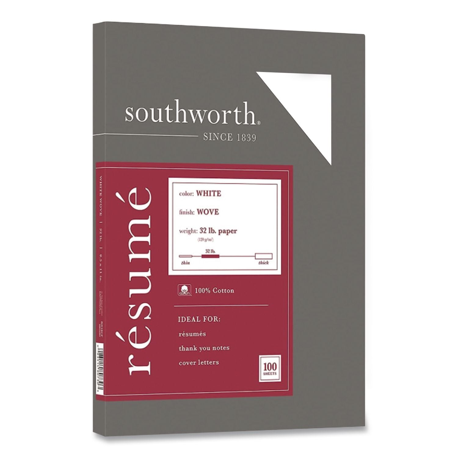 100% Cotton Resume Paper, 95 Bright, 32 lb Bond Weight, 8.5 x 11, White, 100/Pack