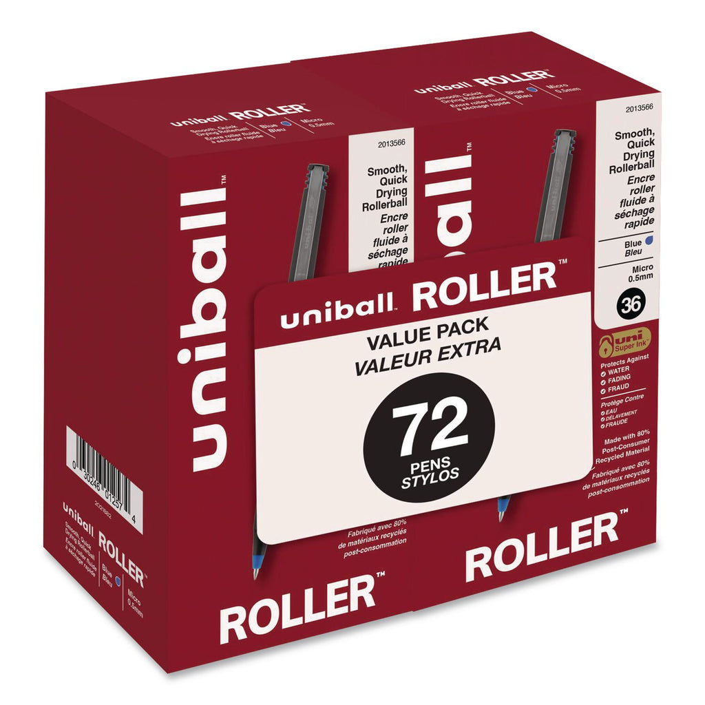 Roller Ball Pen, Stick, Extra-Fine 0.5 mm, Blue Ink, Black/Blue Barrel, 72/Pack