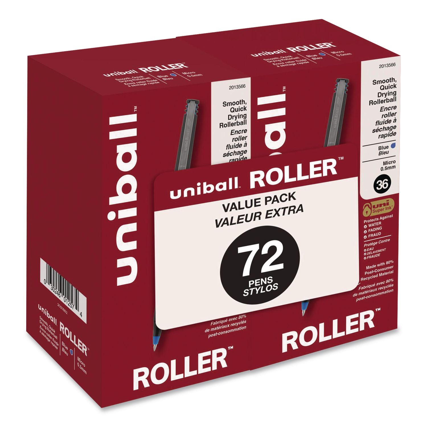 Roller Ball Pen, Stick, Extra-Fine 0.5 mm, Blue Ink, Black/Blue Barrel, 72/Pack