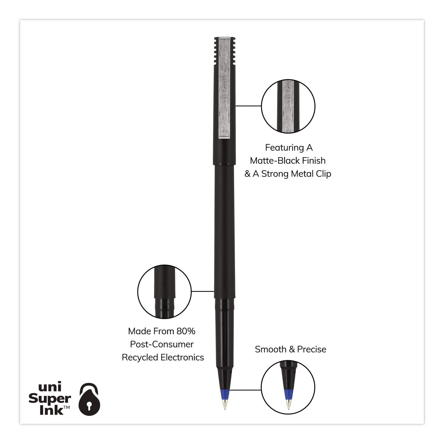 Roller Ball Pen, Stick, Extra-Fine 0.5 mm, Blue Ink, Black/Blue Barrel, 72/Pack