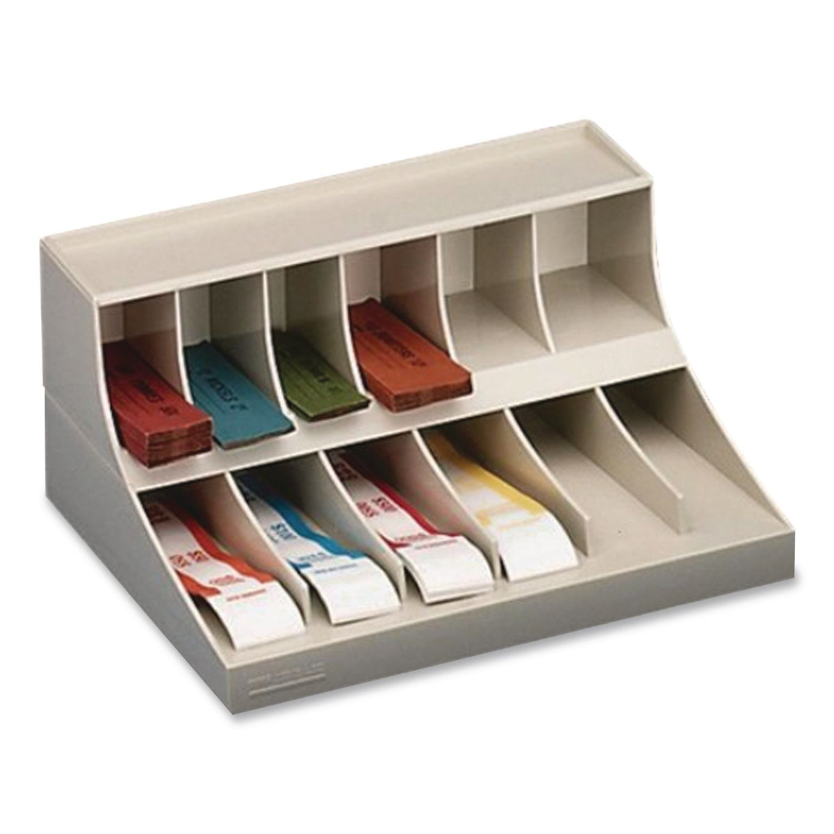 Coin Wrapper and Bill Strap 2-Tier Rack, 11 Compartments, 9.38 x 8.13 4.63, Plastic, Pebble Beige