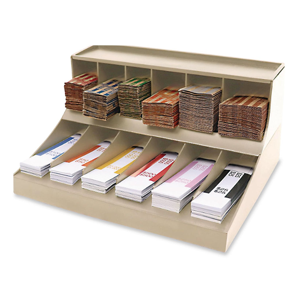 Coin Wrapper and Bill Strap 2-Tier Rack, 11 Compartments, 9.38 x 8.13 4.63, Plastic, Pebble Beige