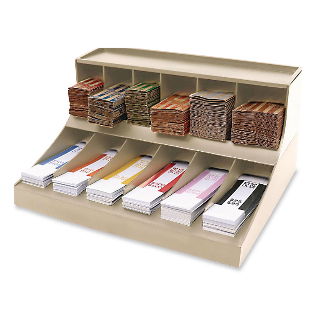 Coin Wrapper and Bill Strap 2-Tier Rack, 11 Compartments, 9.38 x 8.13 4.63, Plastic, Pebble Beige