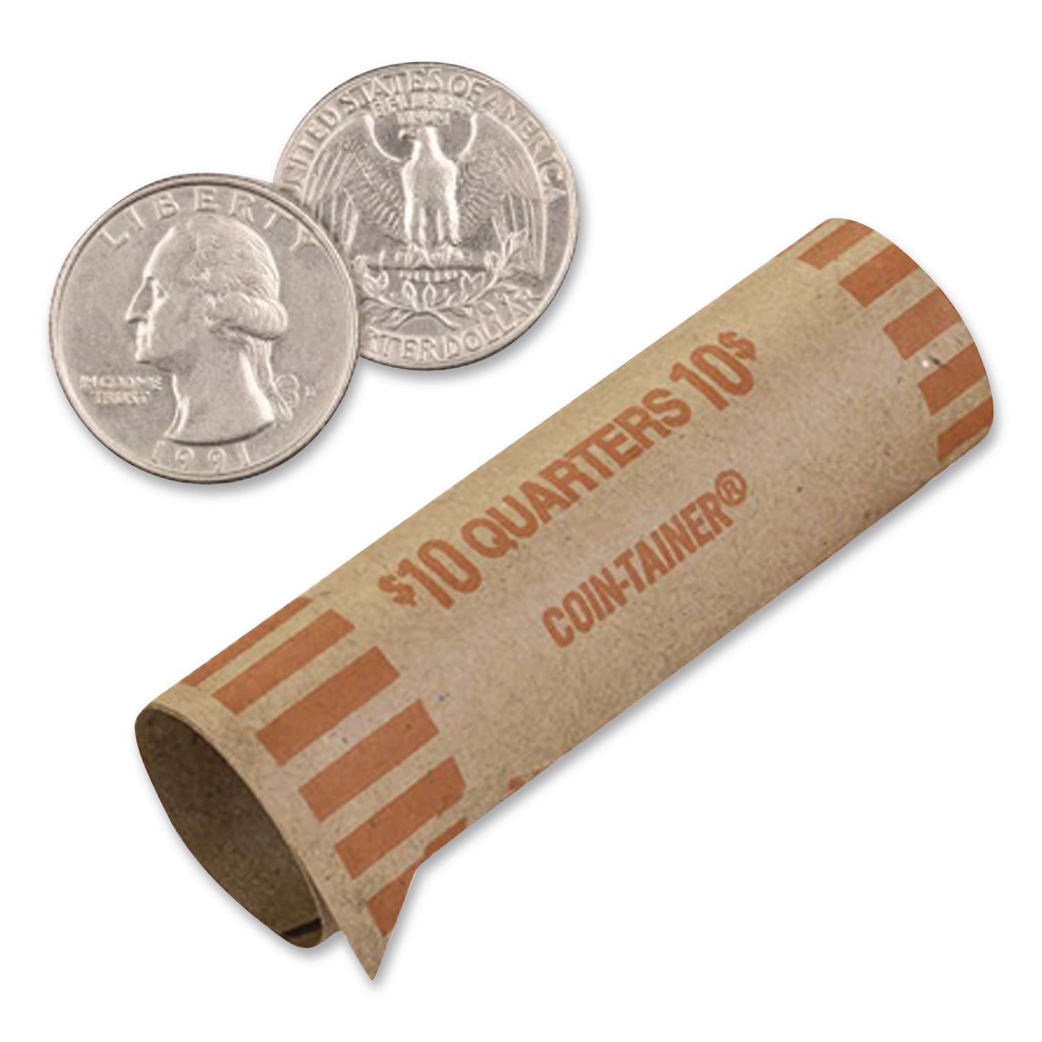 Gunshell Crimped-End Coin Wrapper, Quarters, $10.00, Kraft/Orange, 1,000/Carton