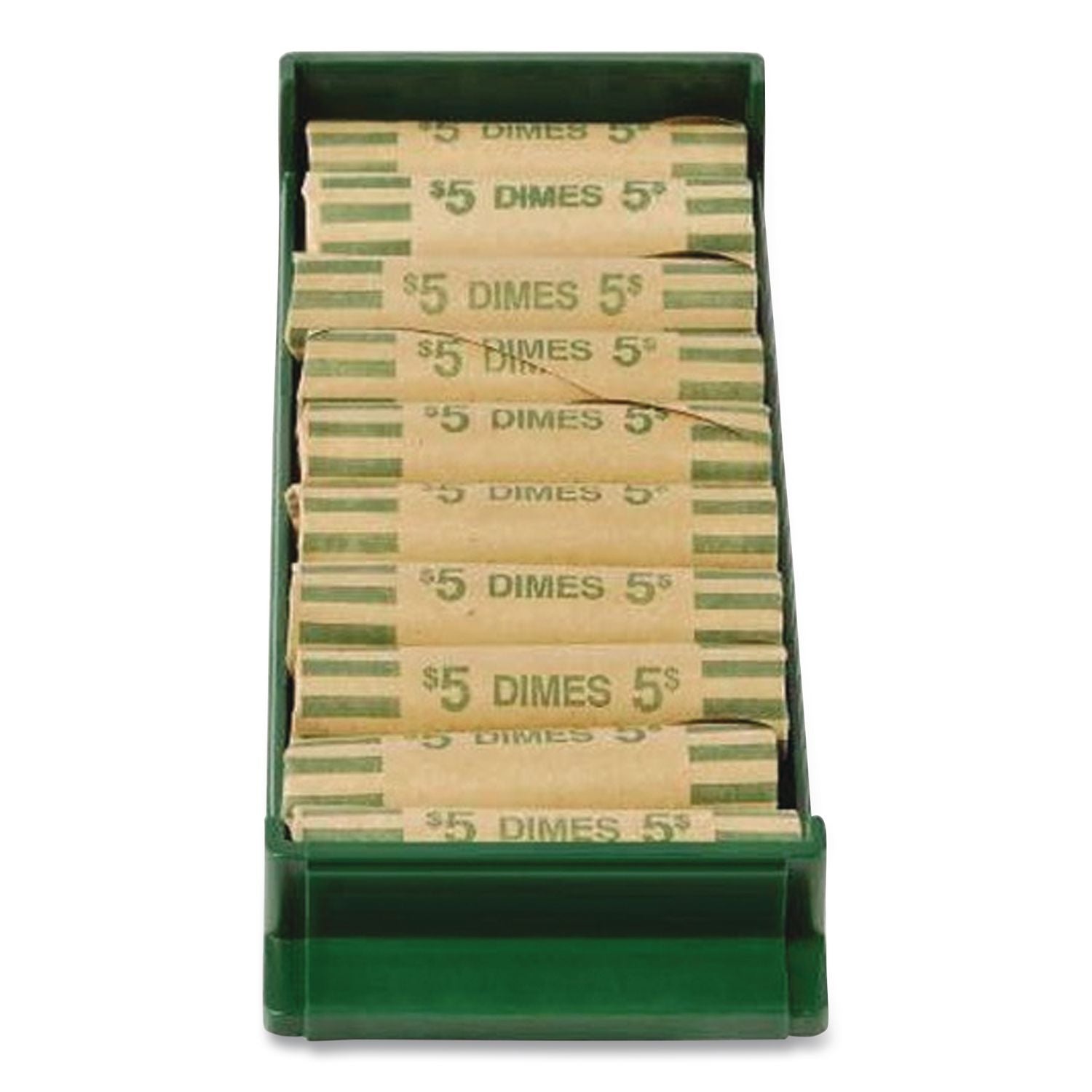 Stackable Plastic Coin Tray, Dimes, 10 Compartments, Denomination and Capacity Etched On Side, Green