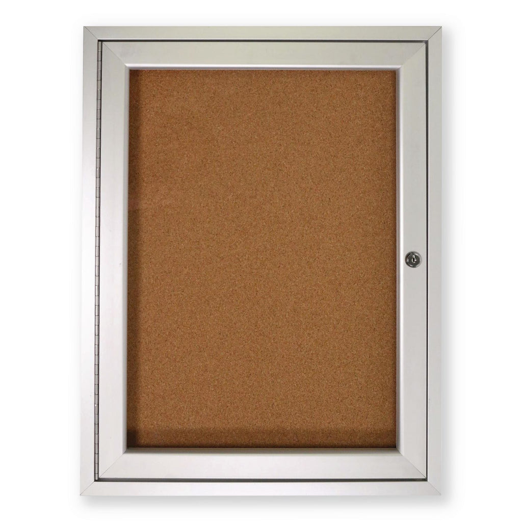 1 Door Enclosed Natural Cork Bulletin Board with Satin Aluminum Frame, 18 x 24, Tan Surface, Ships in 7-10 Business Days