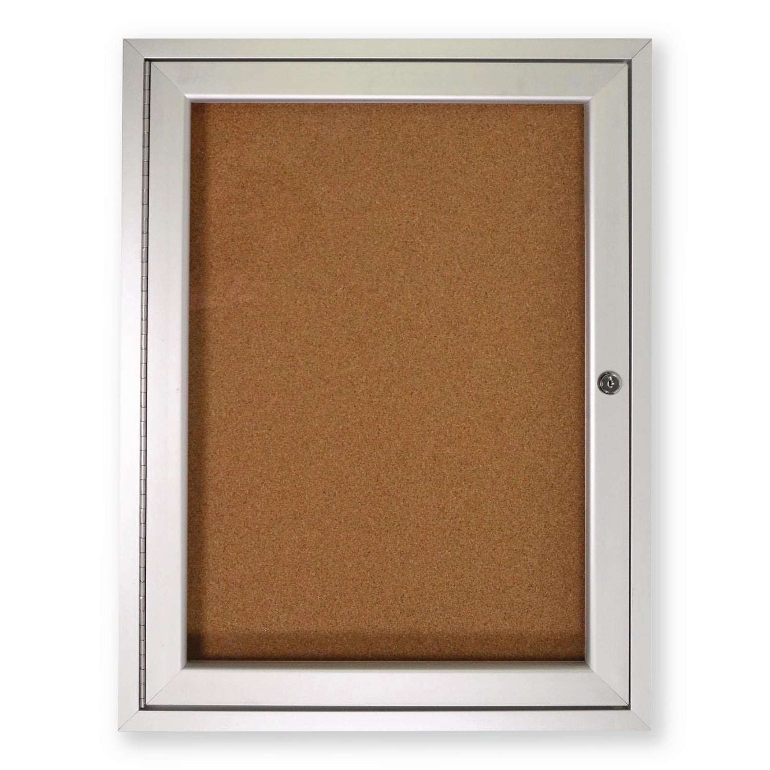 1 Door Enclosed Natural Cork Bulletin Board with Satin Aluminum Frame, 18 x 24, Tan Surface, Ships in 7-10 Business Days