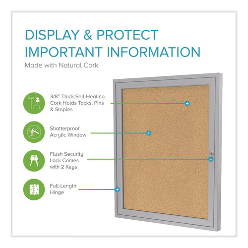 1 Door Enclosed Natural Cork Bulletin Board with Satin Aluminum Frame, 24 x 36, Tan Surface, Ships in 7-10 Business Days