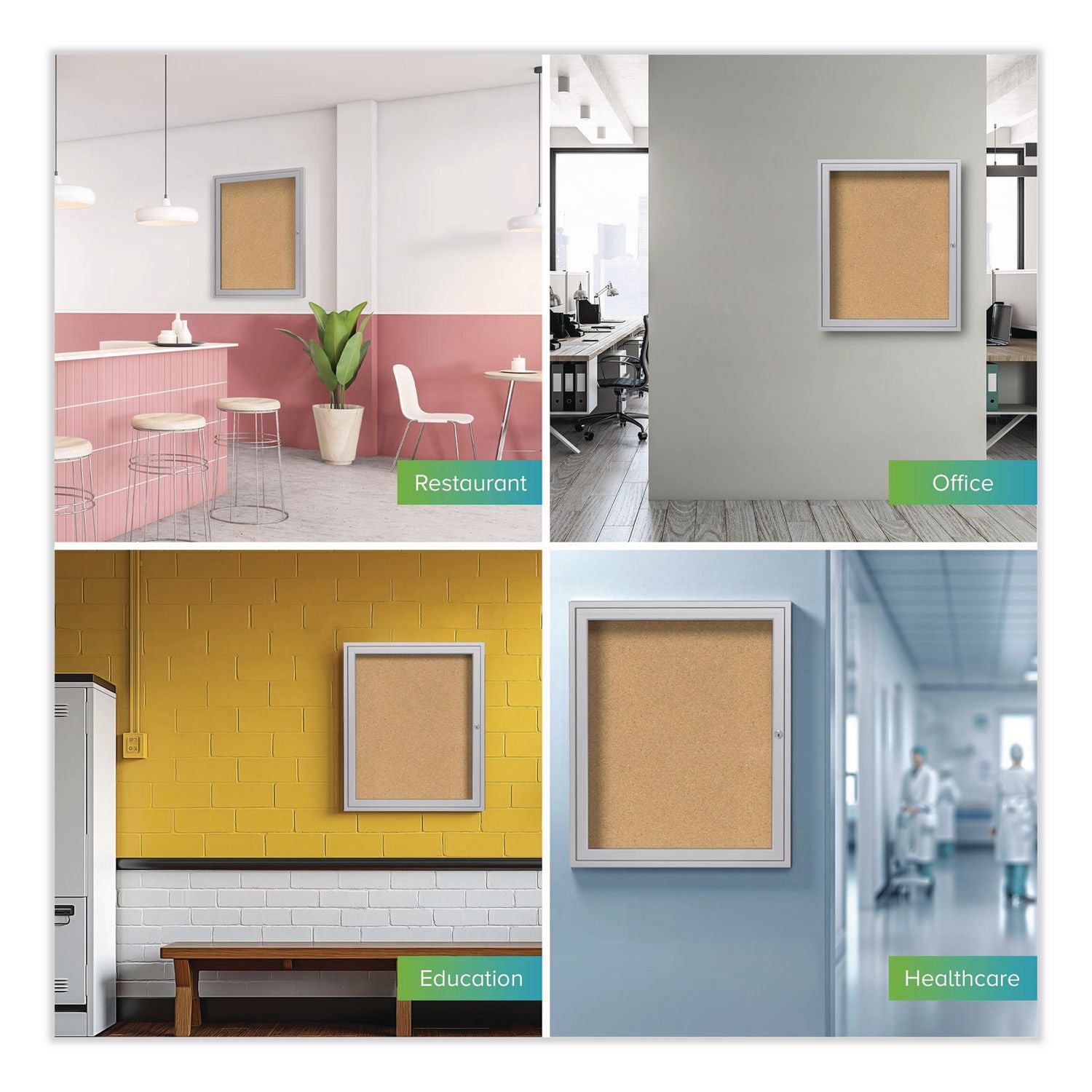 1 Door Enclosed Natural Cork Bulletin Board with Satin Aluminum Frame, 24 x 36, Tan Surface, Ships in 7-10 Business Days