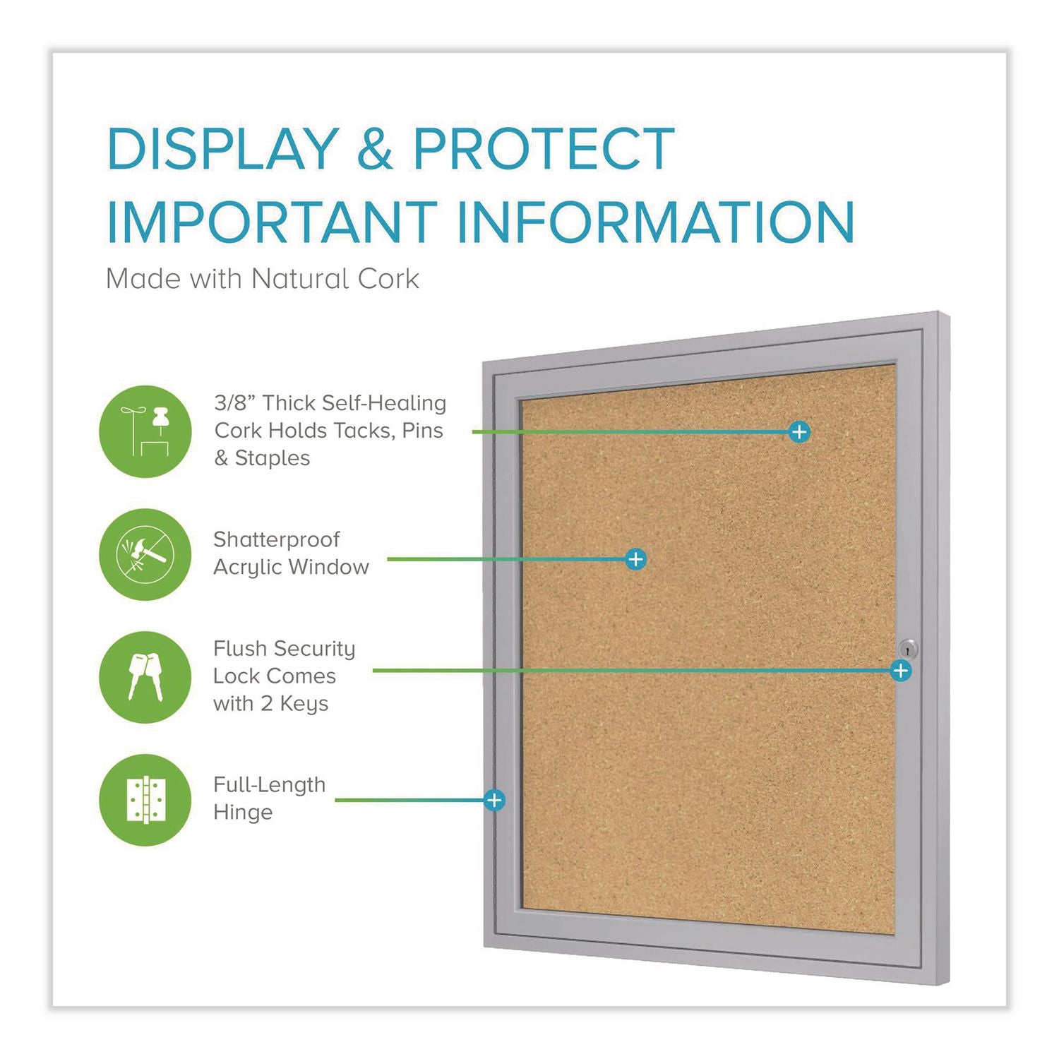 1 Door Enclosed Natural Cork Bulletin Board with Satin Aluminum Frame, 30 x 36, Tan Surface, Ships in 7-10 Business Days