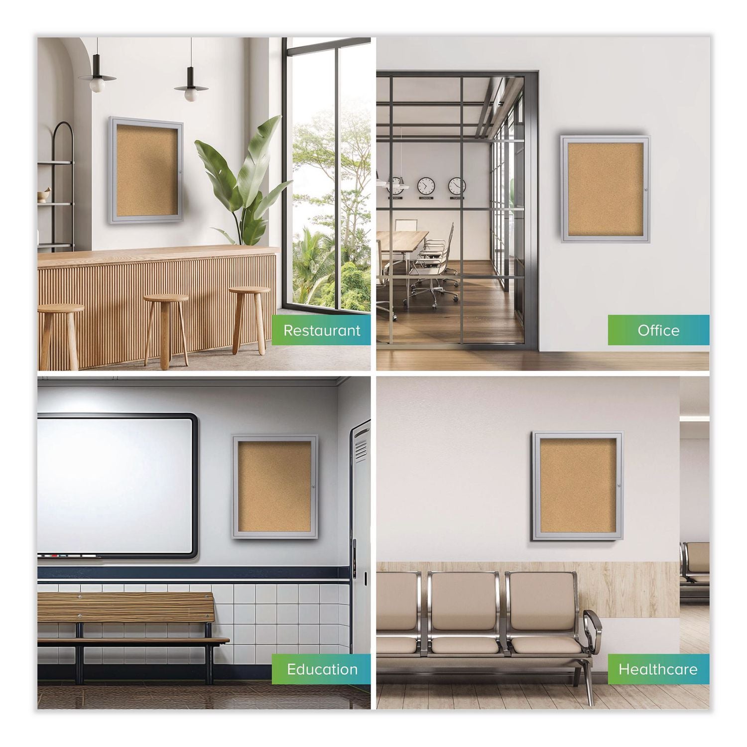 1 Door Enclosed Natural Cork Bulletin Board with Satin Aluminum Frame, 30 x 36, Tan Surface, Ships in 7-10 Business Days