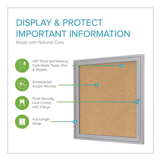 1 Door Enclosed Natural Cork Bulletin Board with Satin Aluminum Frame, 36 x 36, Tan Surface, Ships in 7-10 Business Days