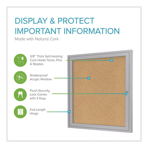 1 Door Enclosed Natural Cork Bulletin Board with Satin Aluminum Frame, 36 x 36, Tan Surface, Ships in 7-10 Business Days