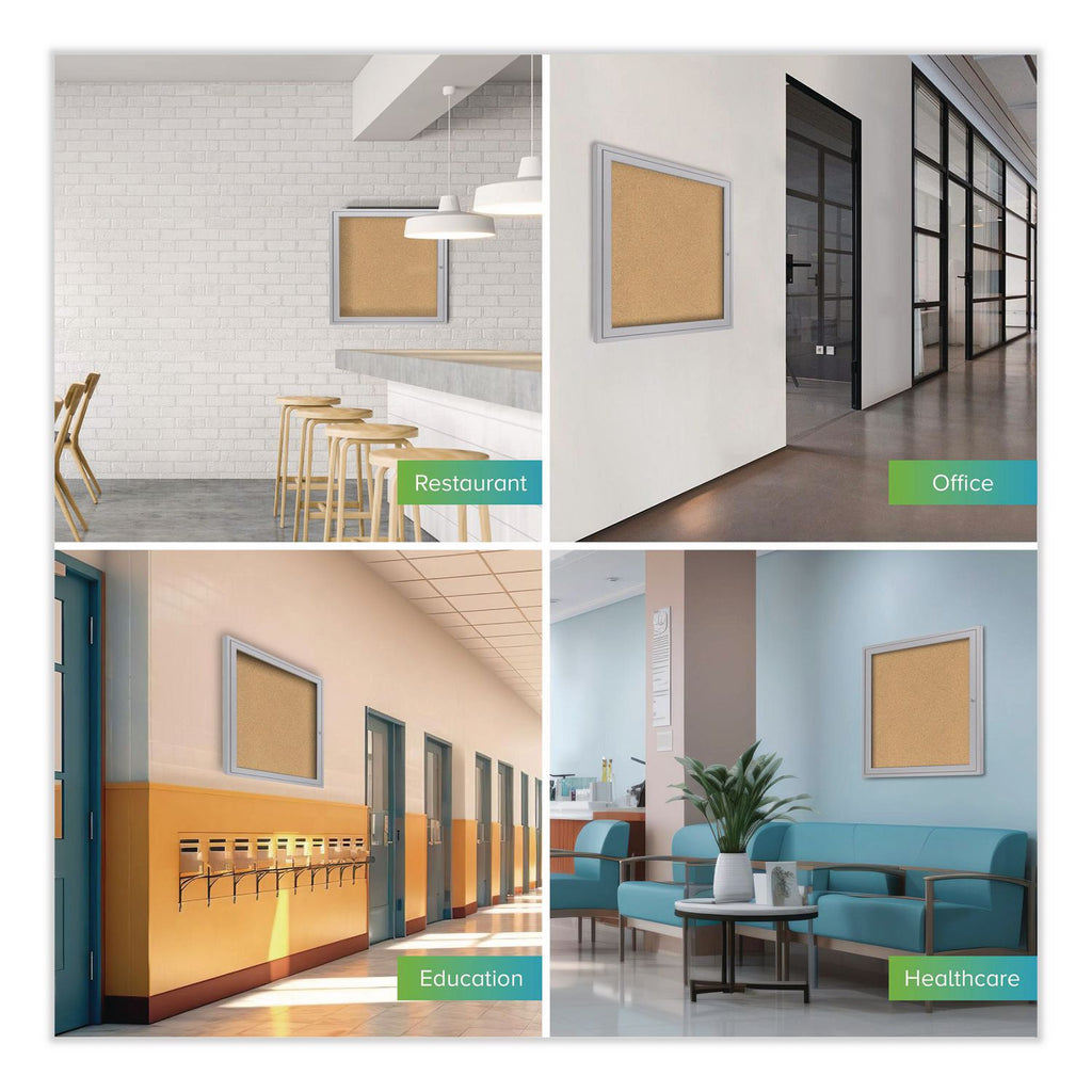 1 Door Enclosed Natural Cork Bulletin Board with Satin Aluminum Frame, 36 x 36, Tan Surface, Ships in 7-10 Business Days