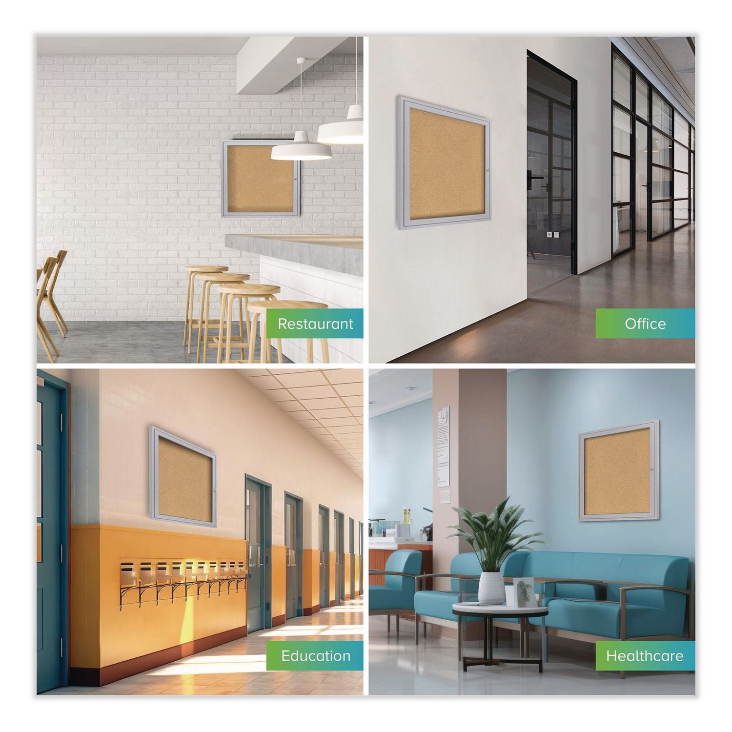 1 Door Enclosed Natural Cork Bulletin Board with Satin Aluminum Frame, 36 x 36, Tan Surface, Ships in 7-10 Business Days