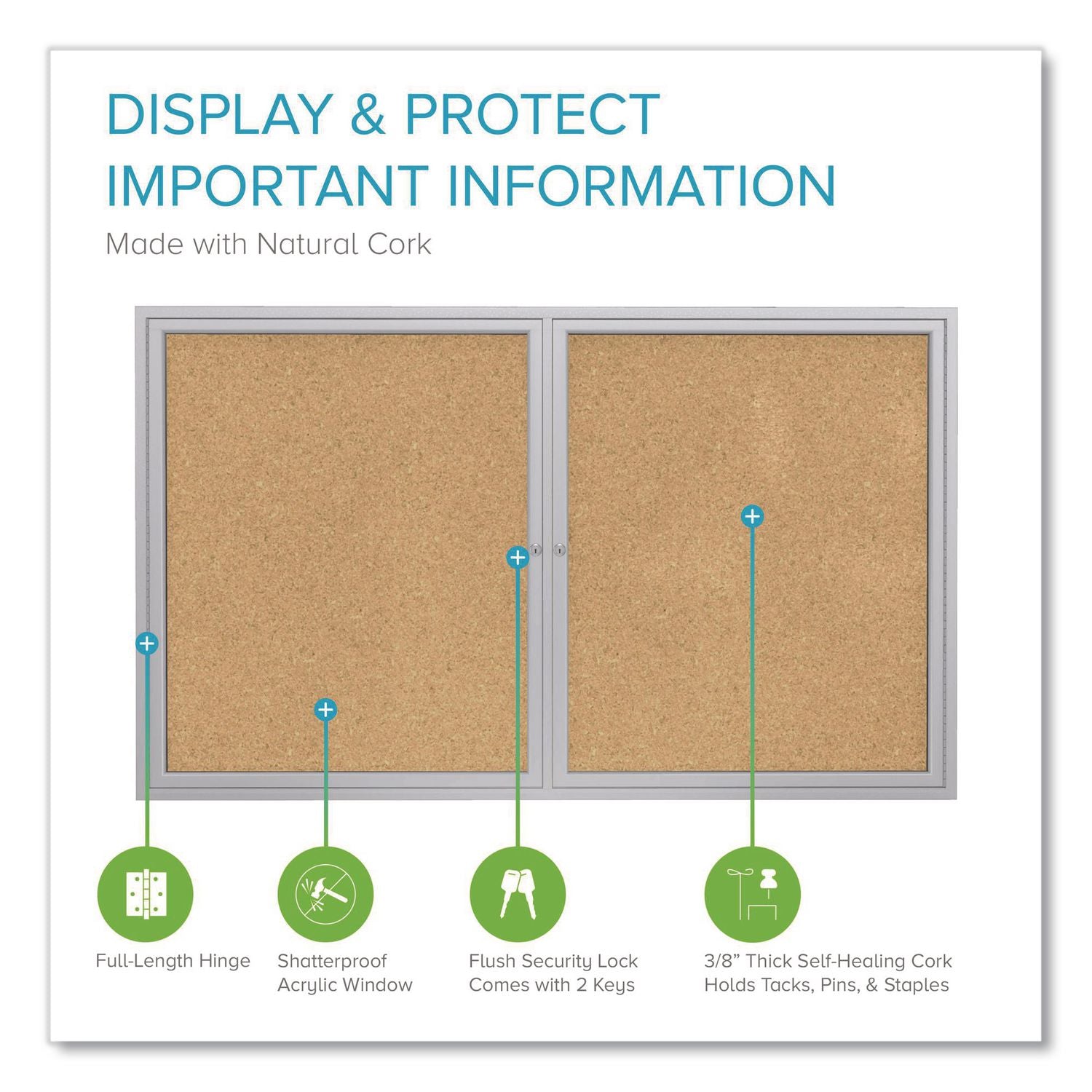2 Door Enclosed Natural Cork Bulletin Board with Satin Aluminum Frame, 48 x 36, Tan Surface, Ships in 7-10 Business Days