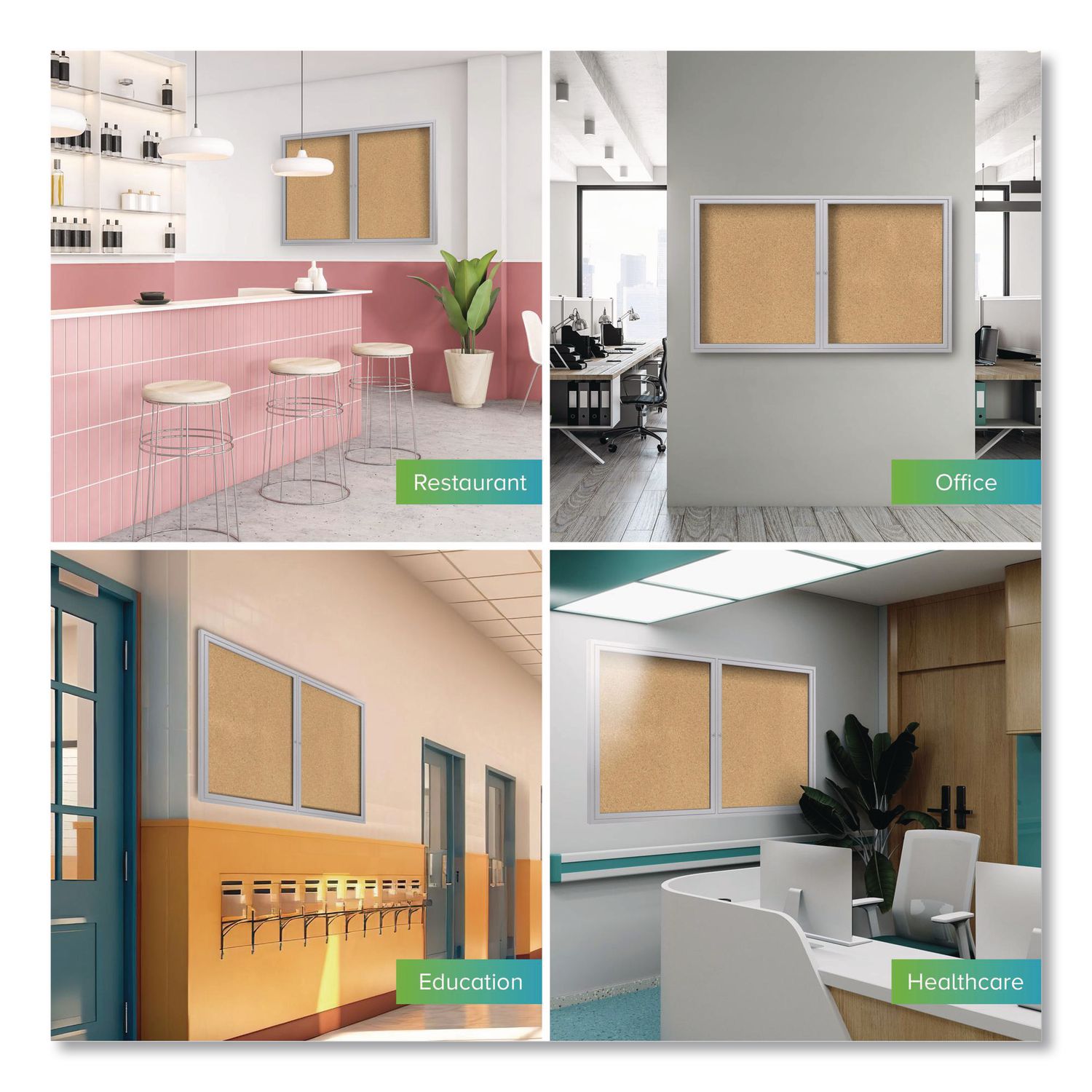 2 Door Enclosed Natural Cork Bulletin Board with Satin Aluminum Frame, 48 x 36, Tan Surface, Ships in 7-10 Business Days