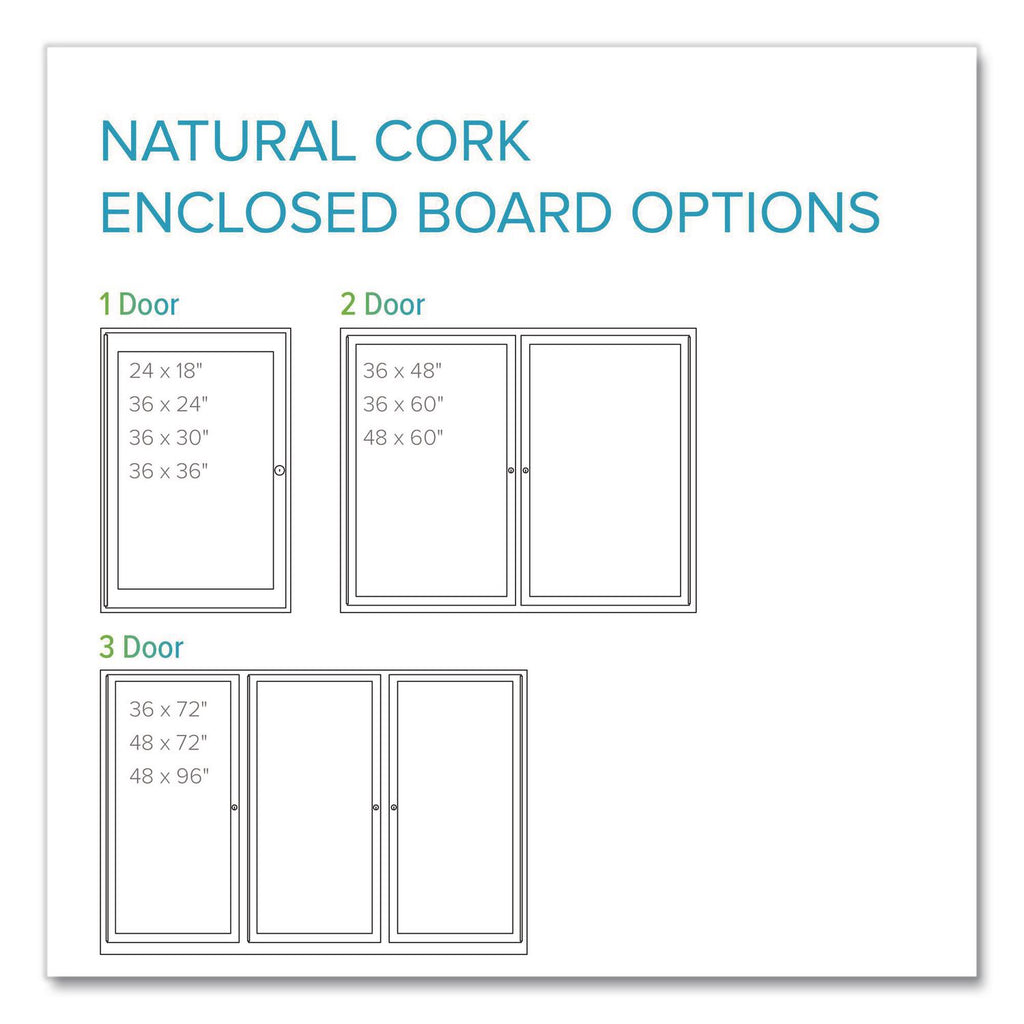 2 Door Enclosed Natural Cork Bulletin Board with Satin Aluminum Frame, 48 x 36, Tan Surface, Ships in 7-10 Business Days