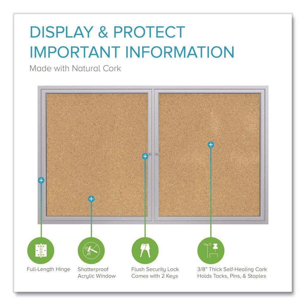 2 Door Enclosed Natural Cork Bulletin Board with Satin Aluminum Frame, 60 x 36, Tan Surface, Ships in 7-10 Business Days