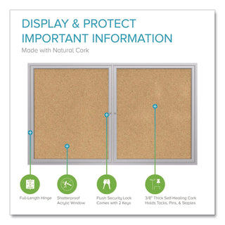 2 Door Enclosed Natural Cork Bulletin Board with Satin Aluminum Frame, 60 x 36, Tan Surface, Ships in 7-10 Business Days