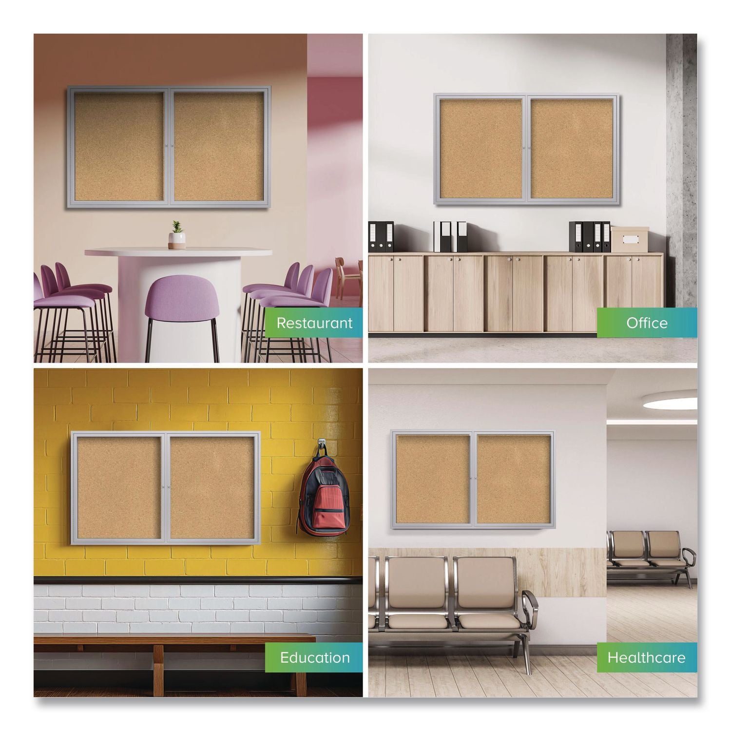 2 Door Enclosed Natural Cork Bulletin Board with Satin Aluminum Frame, 60 x 36, Tan Surface, Ships in 7-10 Business Days