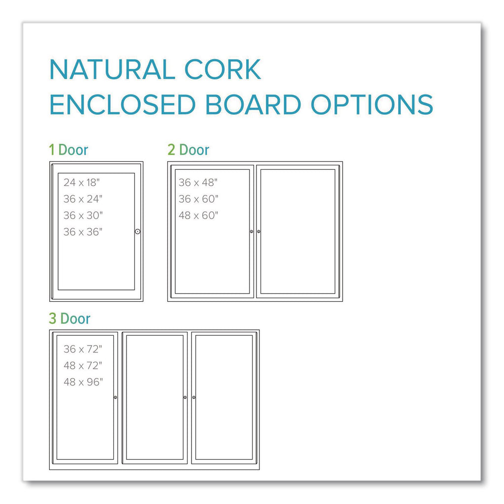 2 Door Enclosed Natural Cork Bulletin Board with Satin Aluminum Frame, 60 x 36, Tan Surface, Ships in 7-10 Business Days