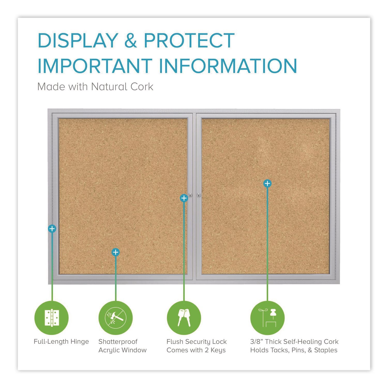 2 Door Enclosed Natural Cork Bulletin Board with Satin Aluminum Frame, 60 x 48, Tan Surface, Ships in 7-10 Business Days