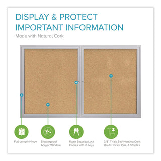 2 Door Enclosed Natural Cork Bulletin Board with Satin Aluminum Frame, 60 x 48, Tan Surface, Ships in 7-10 Business Days
